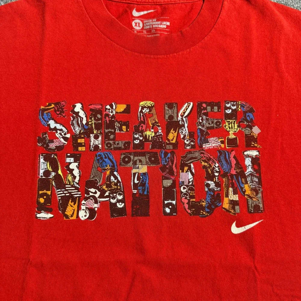 Vintage Y2K Nike Sneaker Nation Graphic T-Shirt Mens XL Red Loose Fit Short